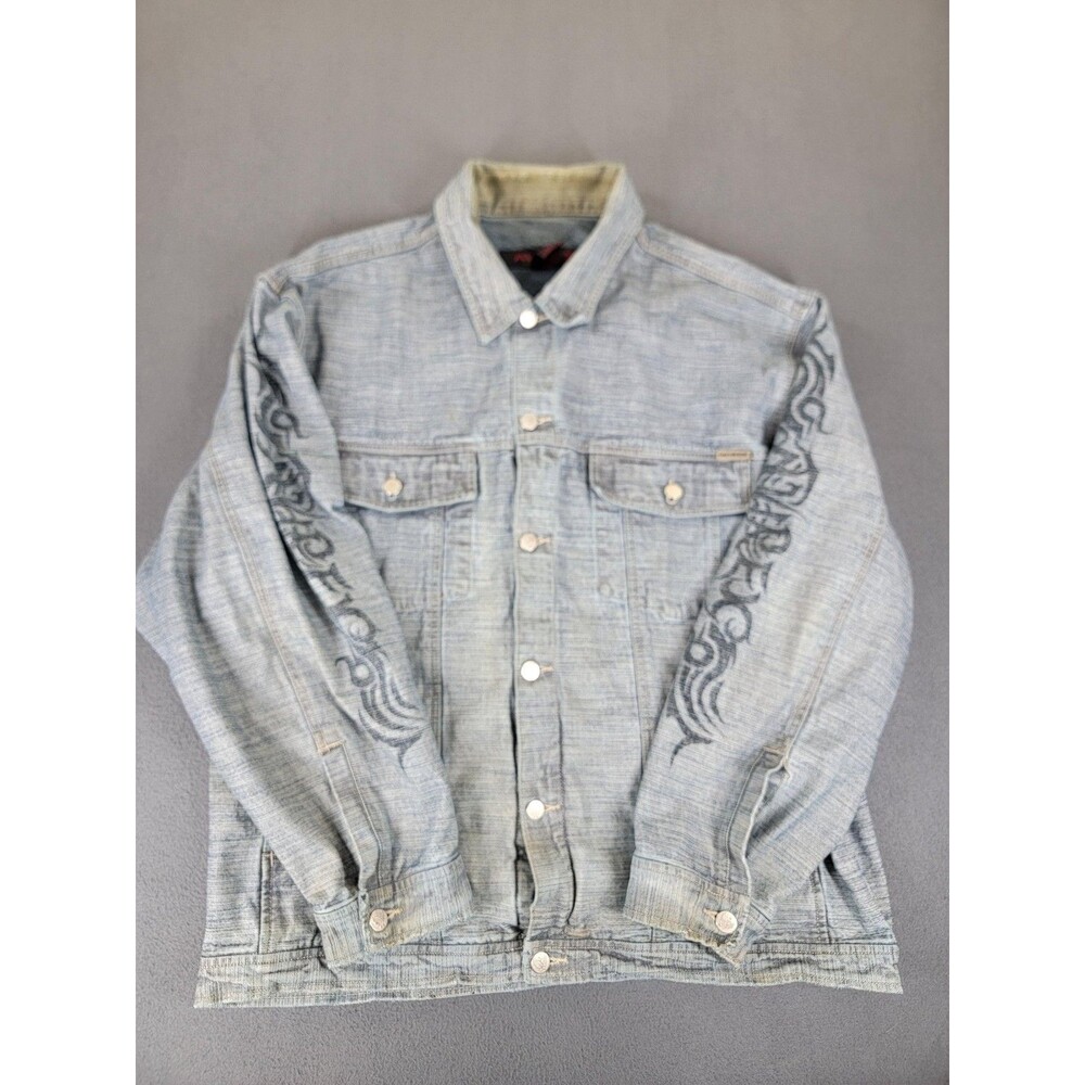 Avirex‎ Denim Jacket Mens 2XL Blue Tribal Sleeve Graphic Button Up Distressed